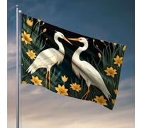 Bandiere divertenti per dormitorio universitario due eleganti aironi bianchi in piedi tra vivaci fiori arancioni. Bandiere grafiche per camera da letto adolescenti ragazzo decorazione della stanza