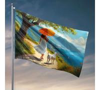 Bandiere divertenti per dormitorio universitario ragazze una donna in un vestito bianco porta il suo cane lungo un sentiero in riva al mare bandiera accessori per camera da letto bandiere per la