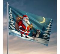 Bandiere divertenti per la stanza dei ragazzi, Babbo Natale e il suo cane nella notte innevata, bandiere da appendere nella tua stanza, bandiera da giardino divertente (60 x 90 cm)
