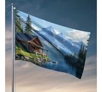 Bandiere divertenti Serene Cabin vicino al lago e le montagne bandiera ragazzi camera da letto decorazioni cose per la camera dei ragazzi (120 x 180 cm)