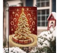 Bandiere dorate da giardino con albero di Natale, 30,5 x 45,7 cm, double face, per decorazioni esterne, treno di Natale, bastoncini di zucchero, bandierine per casa, vacanze, Capodanno, all'aperto