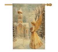 Bandiere estetiche natalizie per casa con angelo, 71 x 101 cm, double-face, per esterni, in stile retrò, con paesaggio natalizio e neve, in tela verticale, per casa, vacanze, Capodanno, cortile