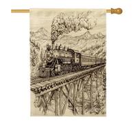 Bandiere estetiche vintage per la casa del treno a vapore, 70 x 101 cm, per esterni, stile retrò anni '70, bandiere verticali standard per la casa, bandiere per la casa in lino con stampa su rotaia