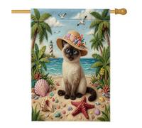 Bandiere estive con gatto siamese per casa sulla spiaggia, 71 x 101 cm, double face, per esterni, con gattino costiero e palma, bandiera verticale standard per la casa, bandiera tropicale per cortile