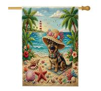 Bandiere estive con pastore tedesco per casa sulla spiaggia, 71 x 101 cm, double face, per esterni, con cucciolo di palma, bandiera verticale standard per la casa, bandiera tropicale per cortile