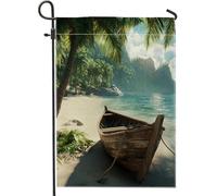 Bandiere estive da giardino con barca costiera e spiaggia, 30,5 x 45,7 cm, double face, per esterni, con nave tropicale in plastica, bandiere verticali standard per la casa, fantastiche bandiere da