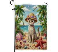 Bandiere estive Devon Rex Cat Beach Garden 30,5 x 45,7 cm double face per esterno, Palm Coastal Kitten Beachy Standard Vertical Canvas House Flags, Tropical Front Yard Backyard Lawn Flags