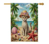 Bandiere estive Devon Rex Cat Beach House 71 x 101 cm double face per esterno, Palm Coastal Kitten Beachy Standard Vertical Canvas Home Flag, Tropical Front Yard Backyard Stampa Bandiera