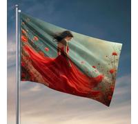 Bandiere fantastiche per dormitorio universitario una donna in un vestito rosso fluente tra vivaci fiori arancioni. Bandiere per camera da letto adolescenti ragazze divertente decorazione per la casa