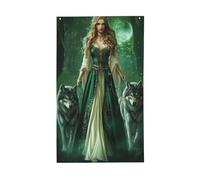 Bandiere fantasy mistiche della foresta con donna lupi, 0,9 x 1,5 m, striscione di auguri con occhielli per interni ed esterni, decorazioni per la casa
