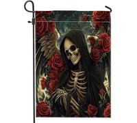 Bandiere gotiche da giardino con scheletro di Halloween, 30,5 x 45,7 cm, double face, per decorazione esterna, bandiera estetica vintage in tela con teschio, giorno dei morti, piccola bandiera da