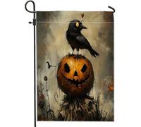 Bandiere horror da giardino di Halloween Corvo 30,5 x 45,7 cm su entrambi i lati per esterno, spaventoso zucca spaventapasseri corvo modello bandiere standard in tela per casa, raccapricciante cortile