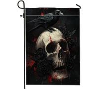 Bandiere horror gotiche da giardino con corvo di Halloween, 30,5 x 45,7 cm, double face, estetico, spaventoso, vintage, scheletro, bandierine standard in tela per casa, retro cortile cortile cortile