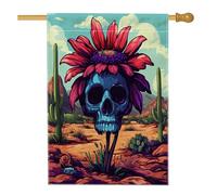 Bandiere horror per la casa di Halloween con cactus occidentale, 71 x 101 cm, double face per esterno, spaventoso teschio tropicale fiore standard verticale bandiera per casa, scheletro anteriore
