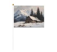 Bandiere in stile vintage con capanna di tronchi nella montagna innevata, piccole bandiere da tenere in mano, mini bandiere su bastone per feste, attività di squadra, sfilate, decorazione per le