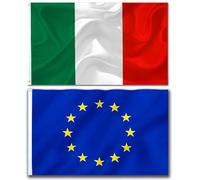 Bandiere Italia e Unione Europea 90x150 cm - Set 2 Pezzi con 2 Occhielli in Metallo, Bandiera Italiana e Bandiera UE in Poliestere Resistente per Esterno, Balcone ed Eventi Ufficiali