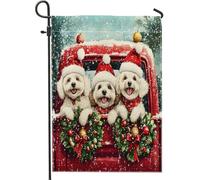 Bandiere natalizie da giardino con cane Bichon Frise, 30,5 x 45,7 cm, double face, decorative per esterni, divertente motivo camion di Natale, bandiera per casa da cortile, per animali domestici