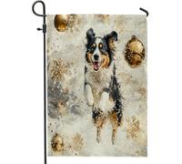 Bandiere natalizie da giardino con cane pastore australiano, 30,5 x 45,7 cm, double face, decorazione esterna, motivo fiocchi di neve di lusso, bandiera per casa da cortile, piccola bandiera da