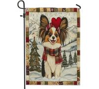 Bandiere natalizie da giardino con cani Papillon, 30,5 x 45,7 cm, per esterni, motivo patchwork natalizio, bandiere standard in lino per la casa, per animali domestici, cortile, cortile, prato