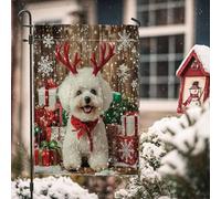 Bandiere natalizie da giardino in iuta con bichon frisé, 30,5 x 45,7 cm, double-face, divertenti regali di Natale rustici con cuccioli, bandiere per prato, bandiere per le vacanze per animali