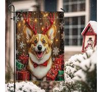Bandiere natalizie da giardino in iuta con cane Corgi, 30,5 x 45,7 cm, double face, per esterni, divertenti regali di Natale rustici, bandiere per prato, bandiere per le vacanze per animali domestici