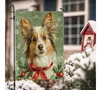 Bandiere natalizie da giardino in iuta con cane da pastore Shetland, 30,5 x 45,7 cm, double-face, per esterni, divertente motivo con agrifoglio e cuccioli, bandiere per prato, per le vacanze e la casa
