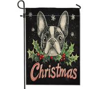 Bandiere natalizie da giardino per cani Boston Terrier, 30,5 x 45,7 cm, per esterni, divertente motivo natalizio con agrifogli, bandiere standard in lino per la casa, per animali domestici, cortile