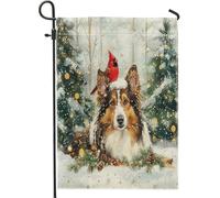 Bandiere natalizie da giardino per cani Rough Collie, 30,5 x 45,7 cm, double face, per decorazione esterna, motivo cardinale innevato, bandiera per casa da cortile per animali domestici, piccola