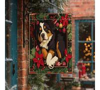 Bandiere natalizie per la casa del cane da montagna del Bernese, 71 x 101 cm, double face, per esterni, vintage, con stella di Natale e cucciolo di stella di Natale, bandiere verticali standard per la
