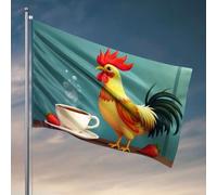 Bandiere per adolescenti Un gallo si trova accanto a una tazza di caffè fumante con fragole. Bandiera da pesca accessori per barche per adolescenti (60 x 90 cm)