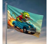 Bandiere per adolescenti Un mostro verde guida un'auto blu con le fiamme dietro di esso. Bandiera barca da pesca accessori per adolescenti roba (30 x 45 cm)