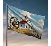 Bandiere per adolescenti, una pittoresca chiesa bianca con un tetto rosso in piedi in mezzo a campi di cotone fioriti, bandiera da pesca, accessori per barche da pesca, roba per adolescenti (30 x 45