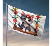 Bandiere per camera adolescenti ragazzi un simpatico gattino con un fiocco rosso si siede su un'altalena decorata con fiori e cuori. Bandiera uomo grotta bar decorazione cortile (30 x 45 cm)