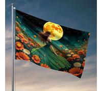 Bandiere per camera adolescenti ragazzi una donna in un vestito verde cammina attraverso un campo di fiori sotto una luna piena. Bandiera uomo grotta bar decorazione cortile (152 x 244 cm)