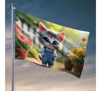 Bandiere per camera da letto divertente un simpatico gattino in tuta si trova tra fiori colorati. Bandiera bar decorazione per la casa cartello di benvenuto per portico anteriore (120 x 180 cm)
