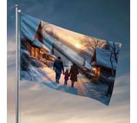 Bandiere per camera da letto divertente Una famiglia cammina lungo un sentiero innevato mentre il sole si tramonta. Bandiera divertente regalo per marito, accessori per bar e patio (120 x 180 cm)