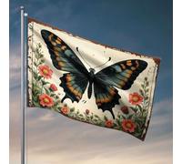 Bandiere per camera da letto divertenti una farfalla nera con macchie arancioni sulle ali, circondato da fiori rossi. Bandiera decorazioni esterne per bandiere da cortile per ragazzi (152 x 244 cm)