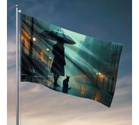 Bandiere per camera da letto, motivo: una persona con un ombrello, cammina lungo una strada piovosa accompagnata da un gatto nero. Bandiera grotta Man Bar Tiki Bar per patio esterno (120 x 180 cm)