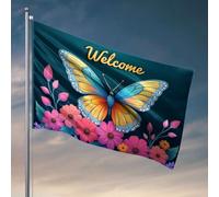 Bandiere per camera da letto per ragazze, una farfalla colorata circondata da fiori vivaci con la parola "benvenuto" sopra di essa. Bandiera per camera da letto dei ragazzi, decorazione autunnale per
