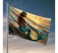 Bandiere per camera delle ragazze sirena seduta su una roccia vicino all'oceano al tramonto. Bandiera Man Cabe Decor accessori per camera da letto (120 x 180 cm)