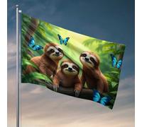 Bandiere per camera delle ragazze, tre bradipi in una giungla con farfalle blu, decorazione per la casa da uomo, cartelli e decorazioni per esterni (120 x 180 cm)