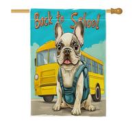 Bandiere per casa con bulldog francese e scuolabus, 71 x 101 cm, per esterni, divertente per il ritorno a scuola, bandiere verticali standard per la casa, per animali domestici, cortile, cortile