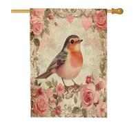 Bandiere per casa degli uccelli con pettirosso, 71 x 101 cm, doppio lato, rose vintage per San Valentino, bandiere per la casa in iuta standard, bandiere romantiche per il cortile decorazione esterna