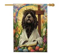 Bandiere per casa del cane d'acqua portoghese primaverile pasquale, 71 x 101 cm, double face, per esterni, con uova incrociate, in lino, verticale, per casa, cortile, cortile