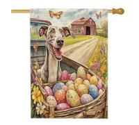 Bandiere per casa del cane levriero pasquale primaverile 71 x 101 cm su entrambi i lati per esterni, fattoria, camion, uova, cuccioli, tela verticale, bandiera per la casa, bandiera con stampa di