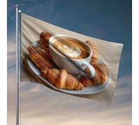 Bandiere per dormitorio con cappuccino con cornetti su un piatto. Bandiera accessori per camera da uomo, decorazione divertente per dormitorio universitario (120 x 180 cm)