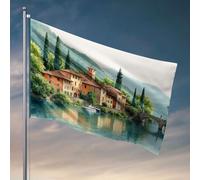 Bandiere per dormitorio pittoresco villaggio lungo il fiume con edifici storici bandiera accessori per camera da uomo college dormitorio decorazione divertente (60 x 90 cm)