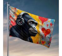 Bandiere per dormitorio universitario, uno scimpanzé che indossa cuffie contro una bandiera colorata, accessori da bar per esterni, bandiera decorativa per camera da letto (30 x 45 cm)