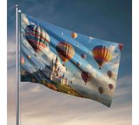 Bandiere per i ragazzi colorate mongolfiere galleggiano sopra un pittoresco castello in un paesaggio vivace. Bandiera uomo grotta bandiere roba per la tua stanza (152 x 244 cm)