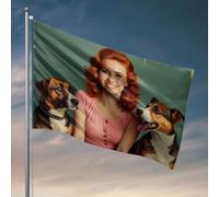 Bandiere per i ragazzi una donna con i capelli rossi sorridente tra due cani. Bandiera uomo grotta bandiere roba per la tua stanza (60 x 90 cm)